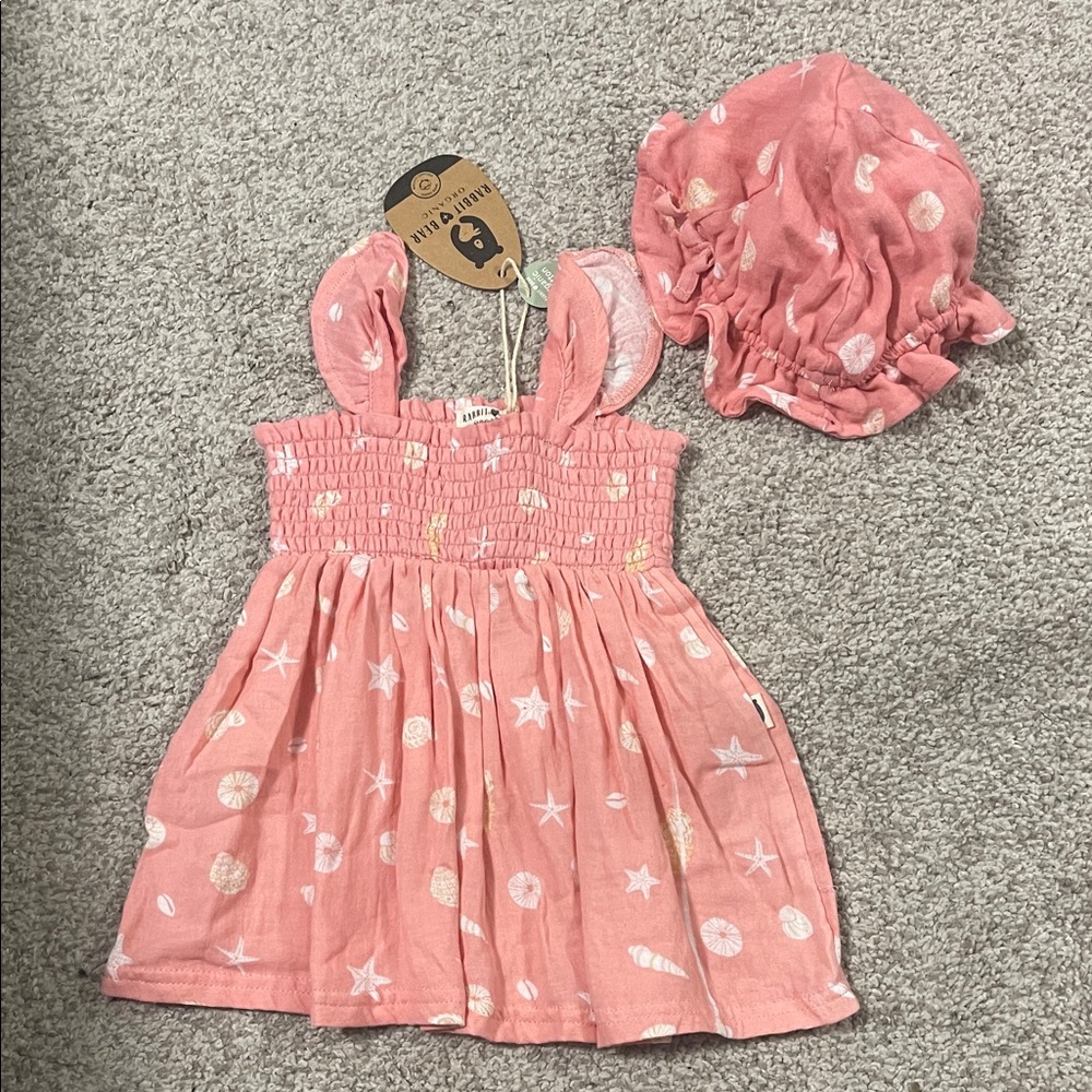 Coral Pink Baby Dress & Bonnet Set with Seashell Print